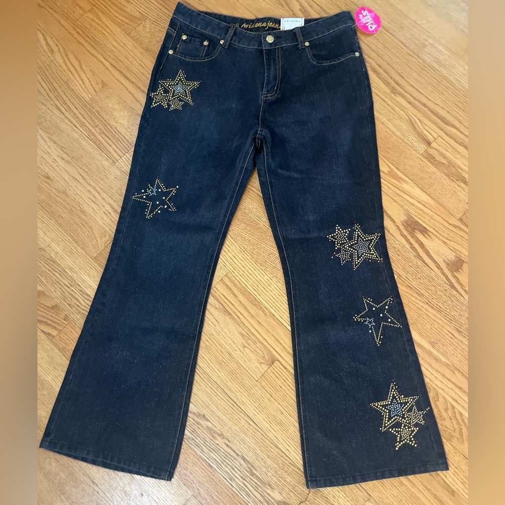 Arizona Jean Co Black Bling Star Embellished Flare Jeans Tween Gold Shimmer 14.5